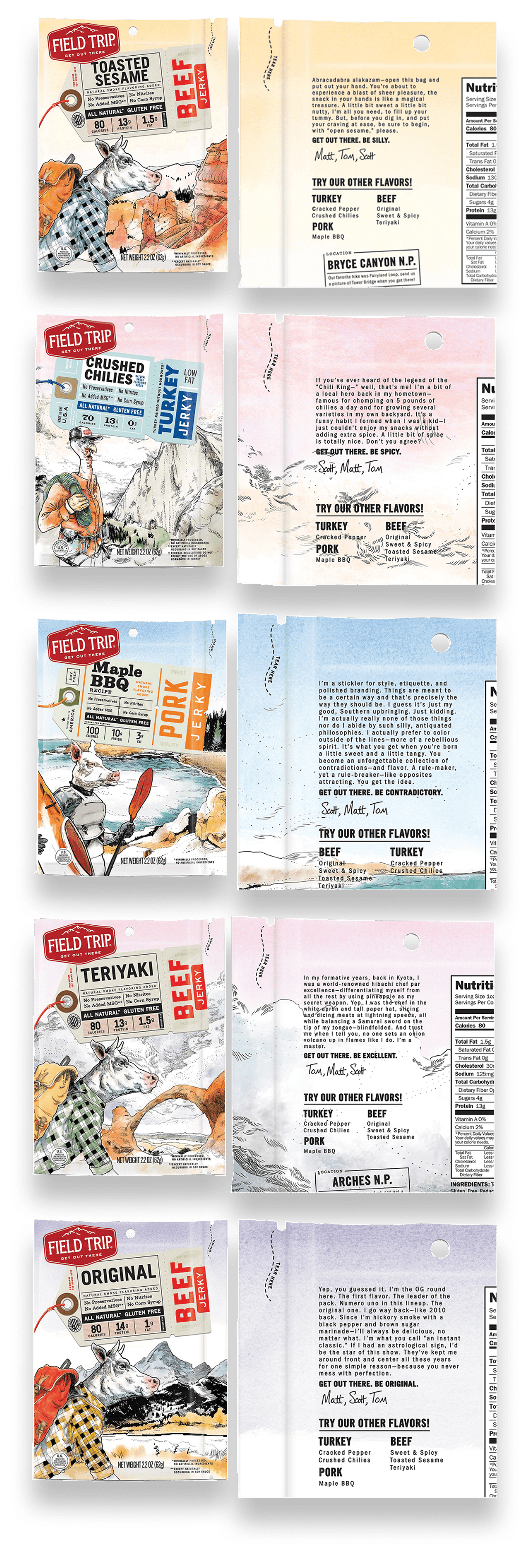 The five Field Trip flavors as front-and-back bag pairs stacked top to bottom — Toasted Sesame, Crushed Chilies, Maple BBQ, Teriyaki, and Original — each back panel carrying its character story and a “Get out there” tagline.