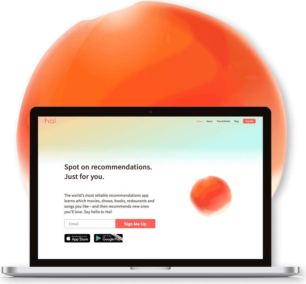 Hai recommendations app marketing site.