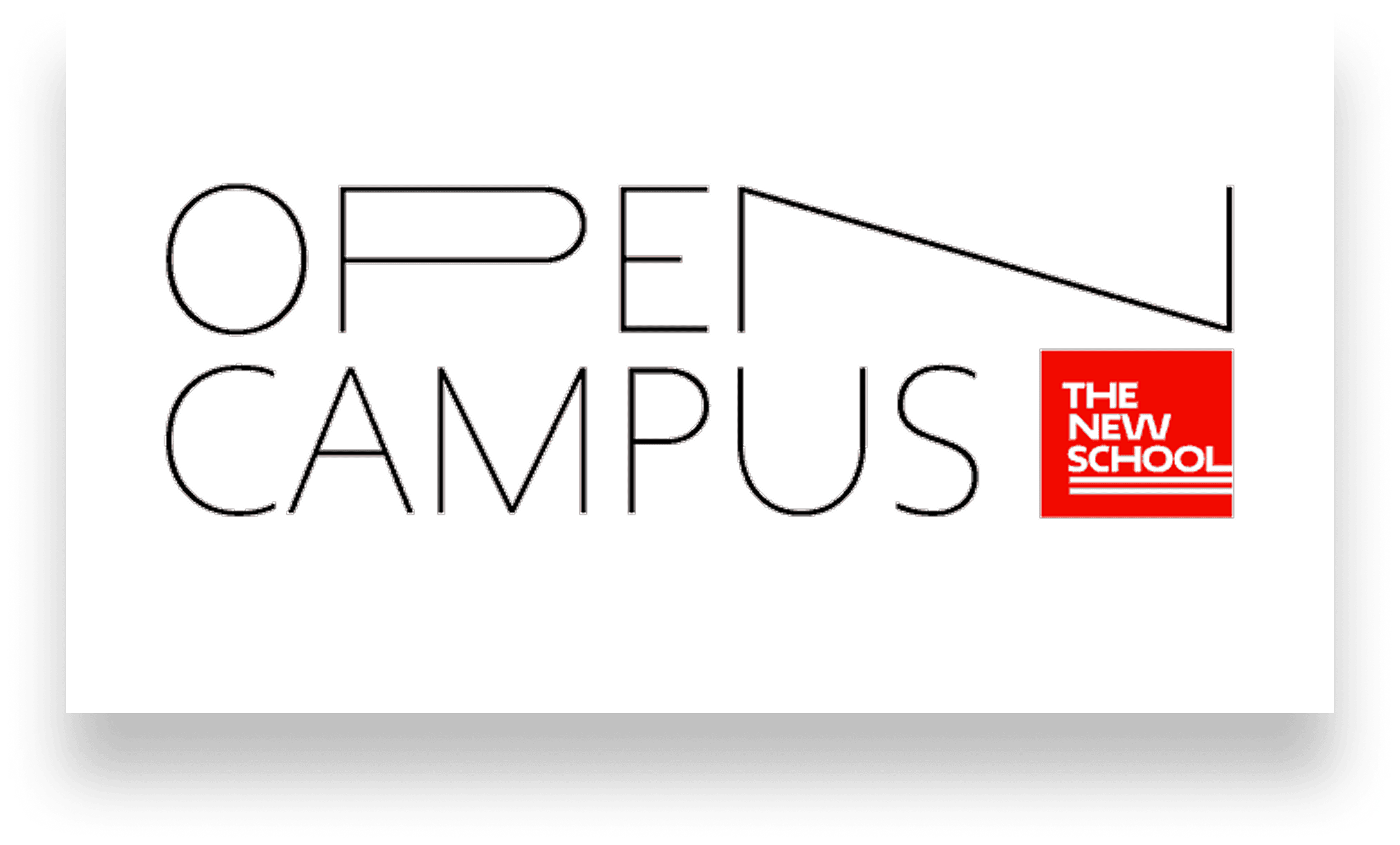 The OPEN CAMPUS lockup on a white card, with THE NEW SCHOOL badge and the line “More than a course. A new kind of network.”