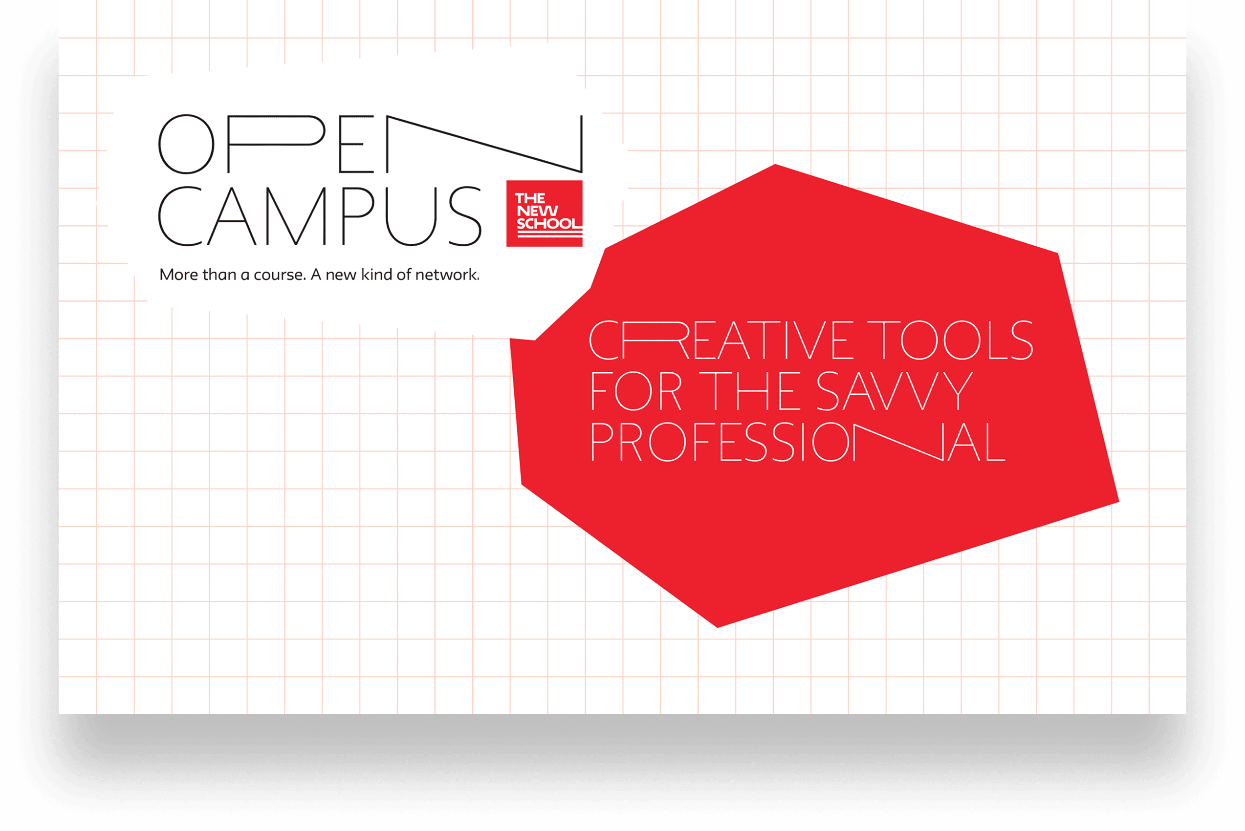Cover of the “Creative Tools for the Savvy Professional” booklet: the OPEN CAMPUS lockup on grid paper beside a red angular shape carrying the title.
