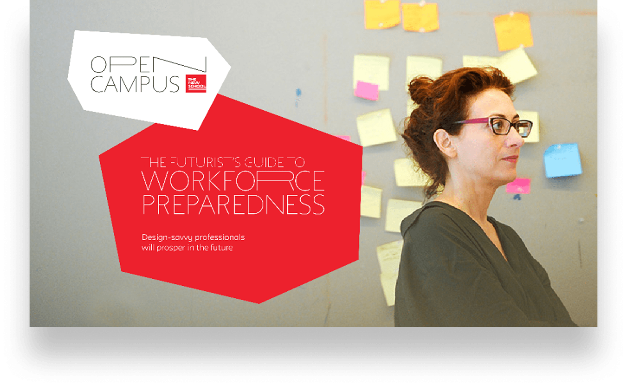 “The Futurist’s Guide to Workforce Preparedness” — a red angular title shape over a photo of a woman at a wall of sticky notes, with the line “Design-savvy professionals will prosper in the future.”