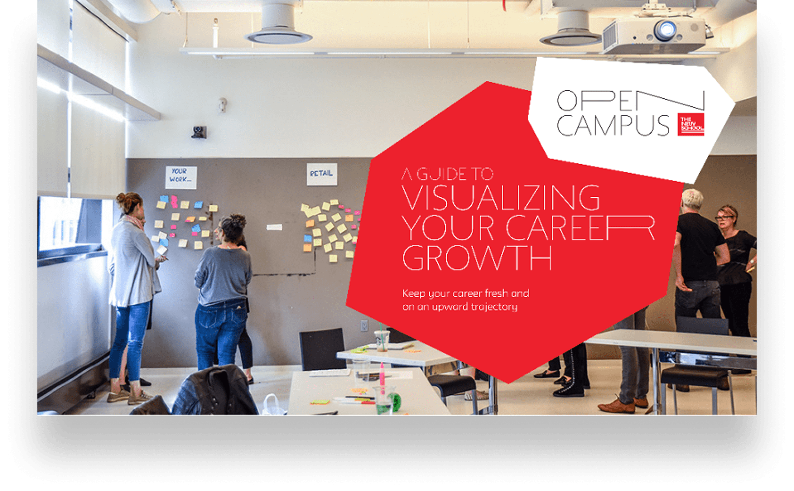 “A Guide to Visualizing Your Career Growth” — a red angular title shape over a photo of a workshop wall covered in sticky notes, with the line “Keep your career fresh and on an upward trajectory.”