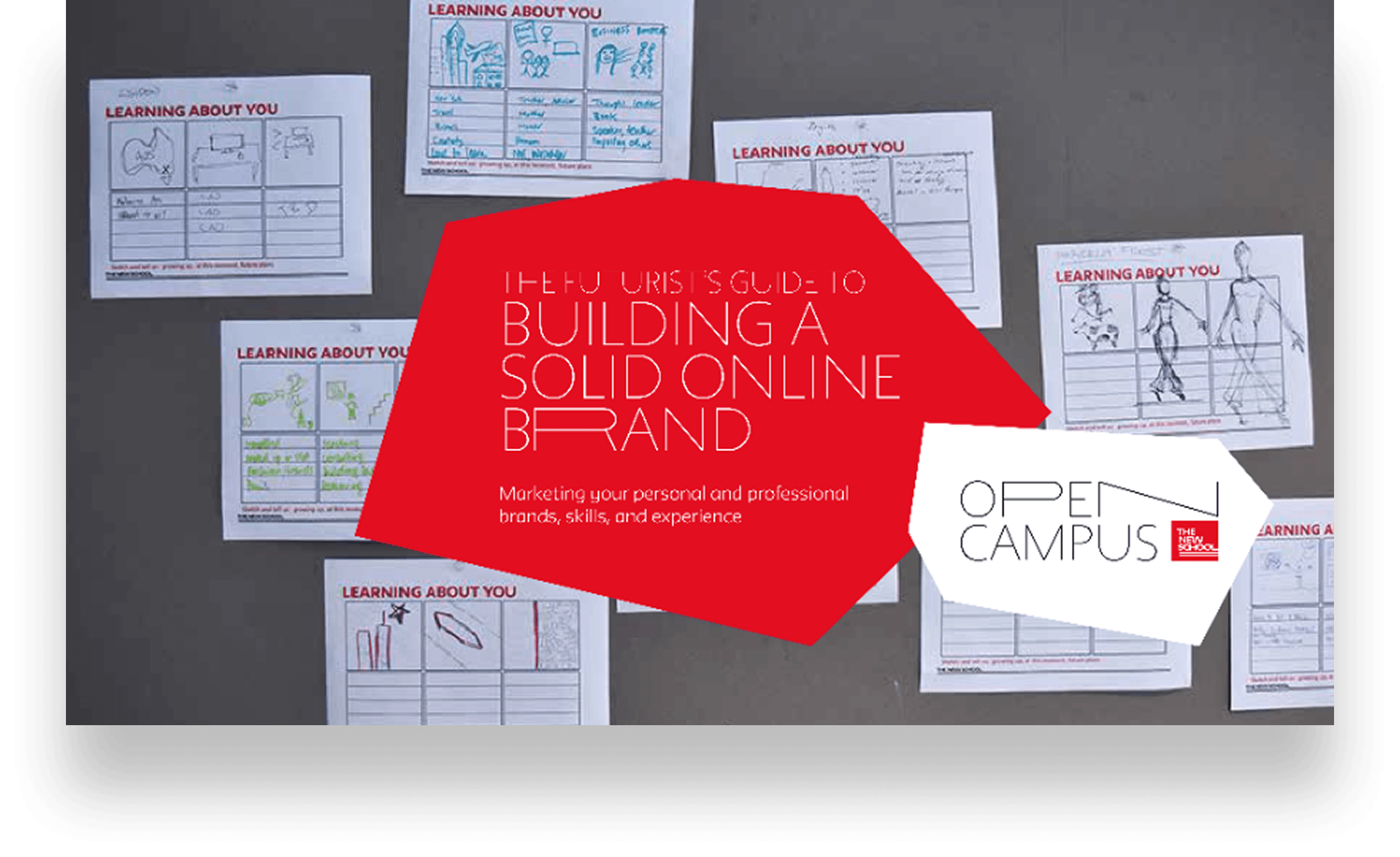 “The Futurist’s Guide to Building a Solid Online Brand” — a red angular title shape over a photo of “Learning About You” worksheets pinned to a wall, with the line “Marketing your personal and professional brands, skills, and experience.”