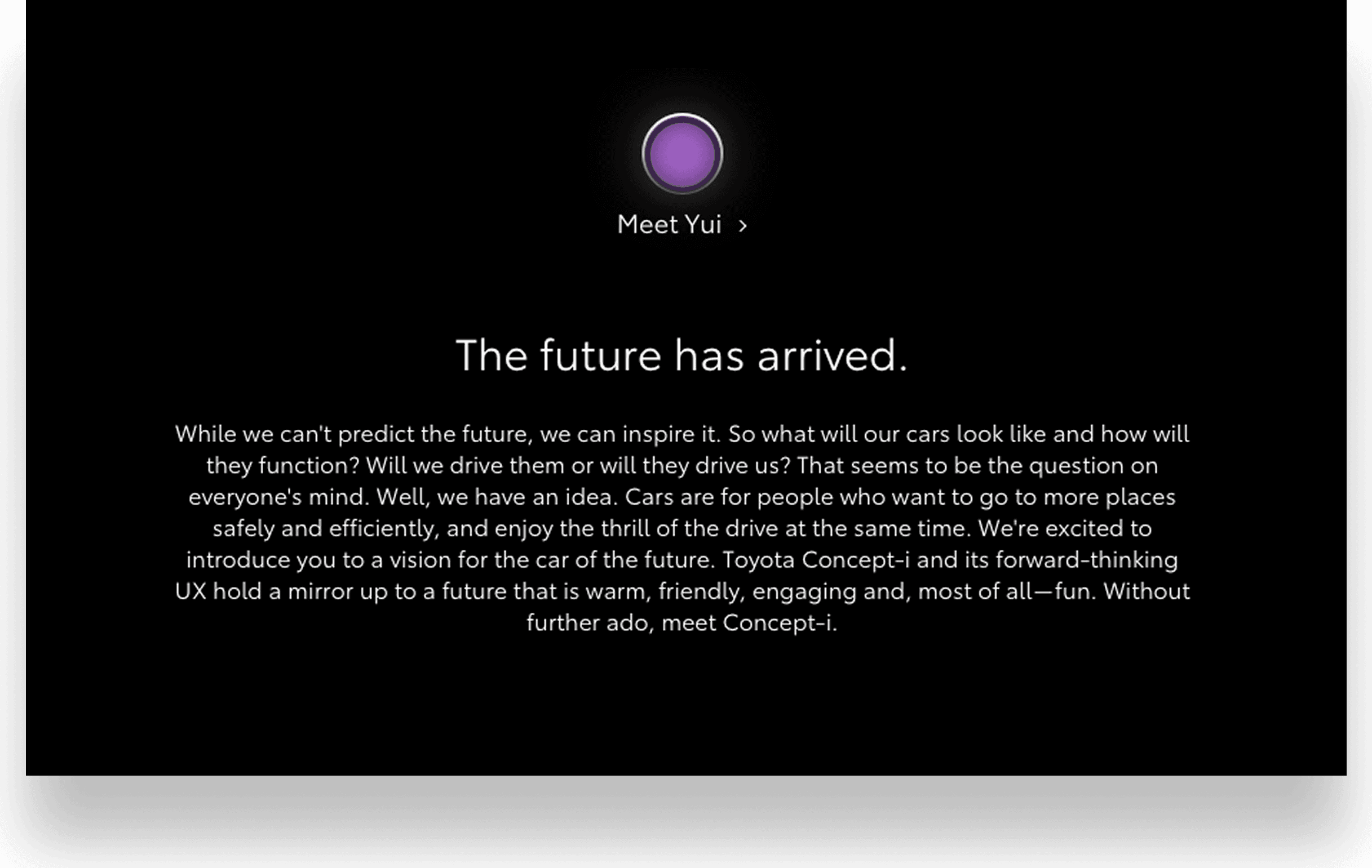 Toyota Concept-i website card: Yui AI orb with headline 'The future has arrived.' and brand introduction copy