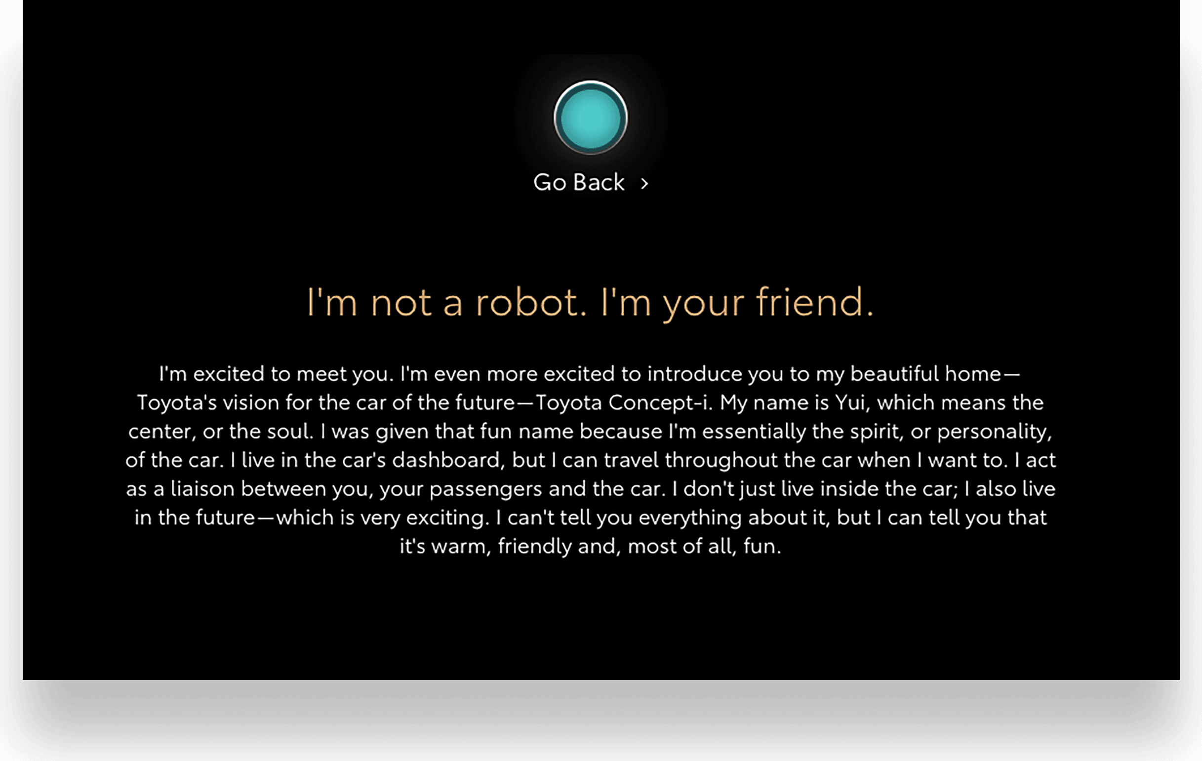 Toyota Concept-i website card: teal Yui AI orb with Yui's first-person headline 'I'm not a robot. I'm your friend.'