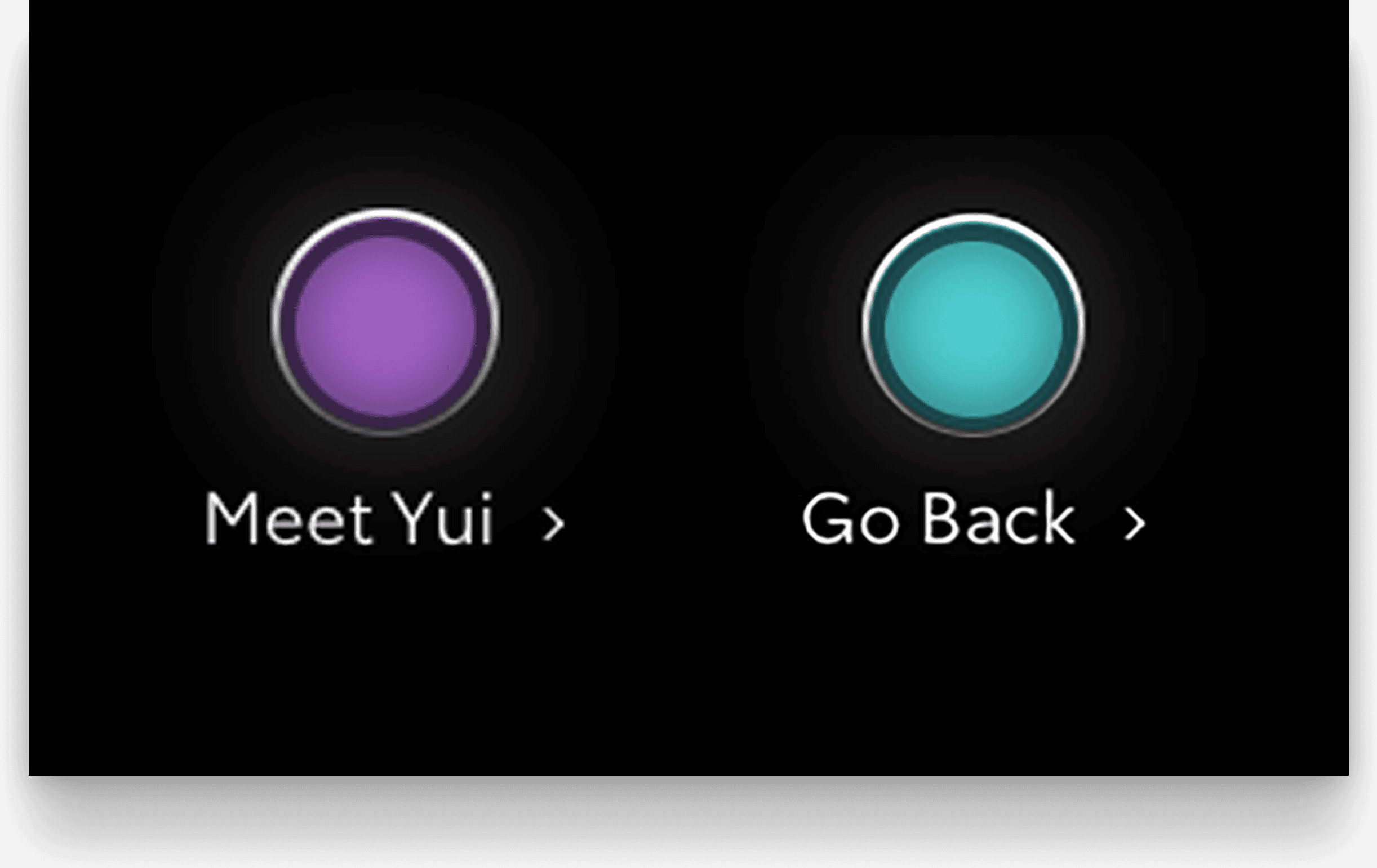 Toyota Concept-i website: side-by-side view of the 'Meet Yui' and 'Go Back' CTAs with purple and teal AI orbs
