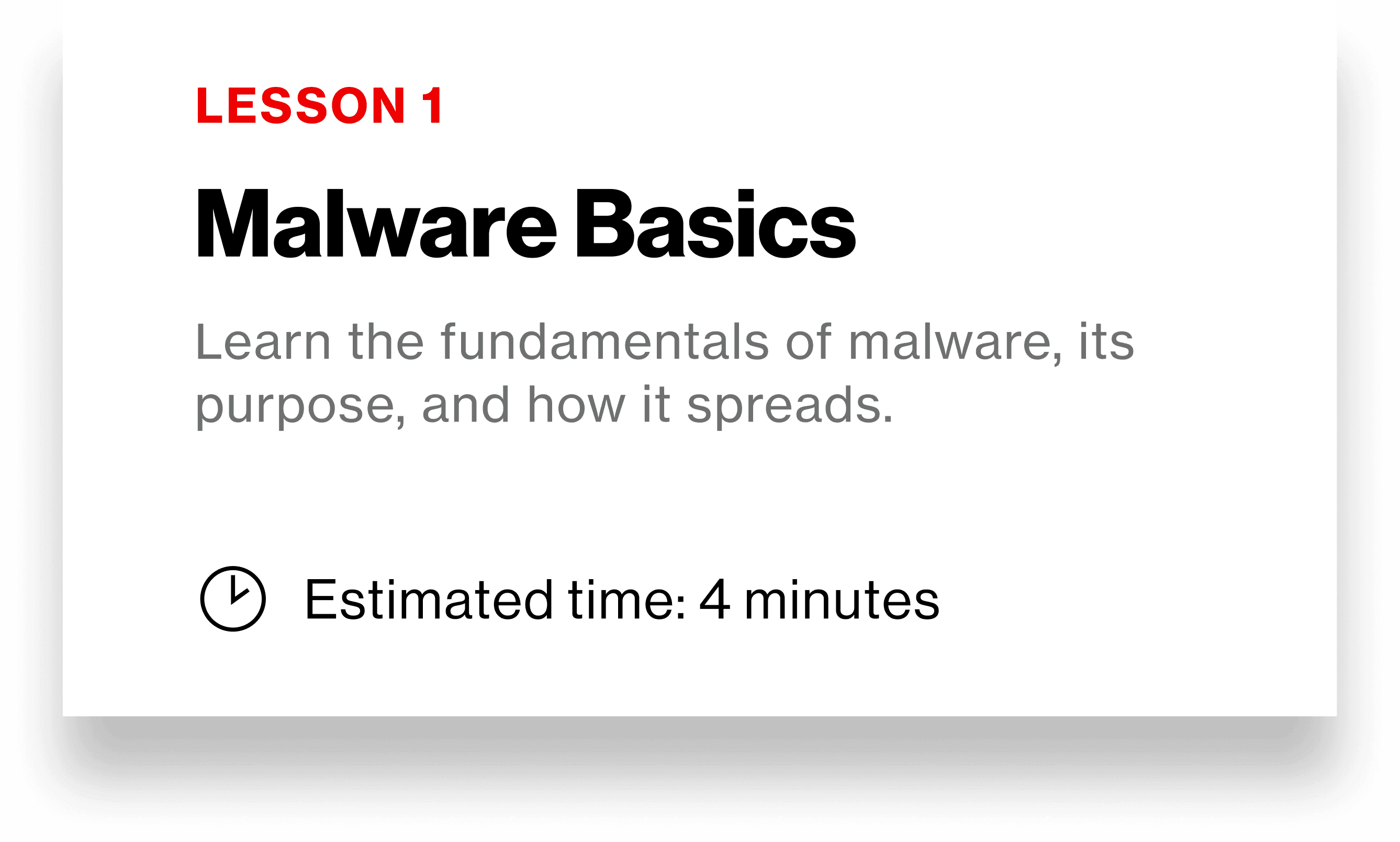Verizon Protect Knowledge Center: 'Lesson 1 — Malware Basics' card, 'Learn the fundamentals of malware, its purpose, and how it spreads' with an estimated time of 4 minutes.