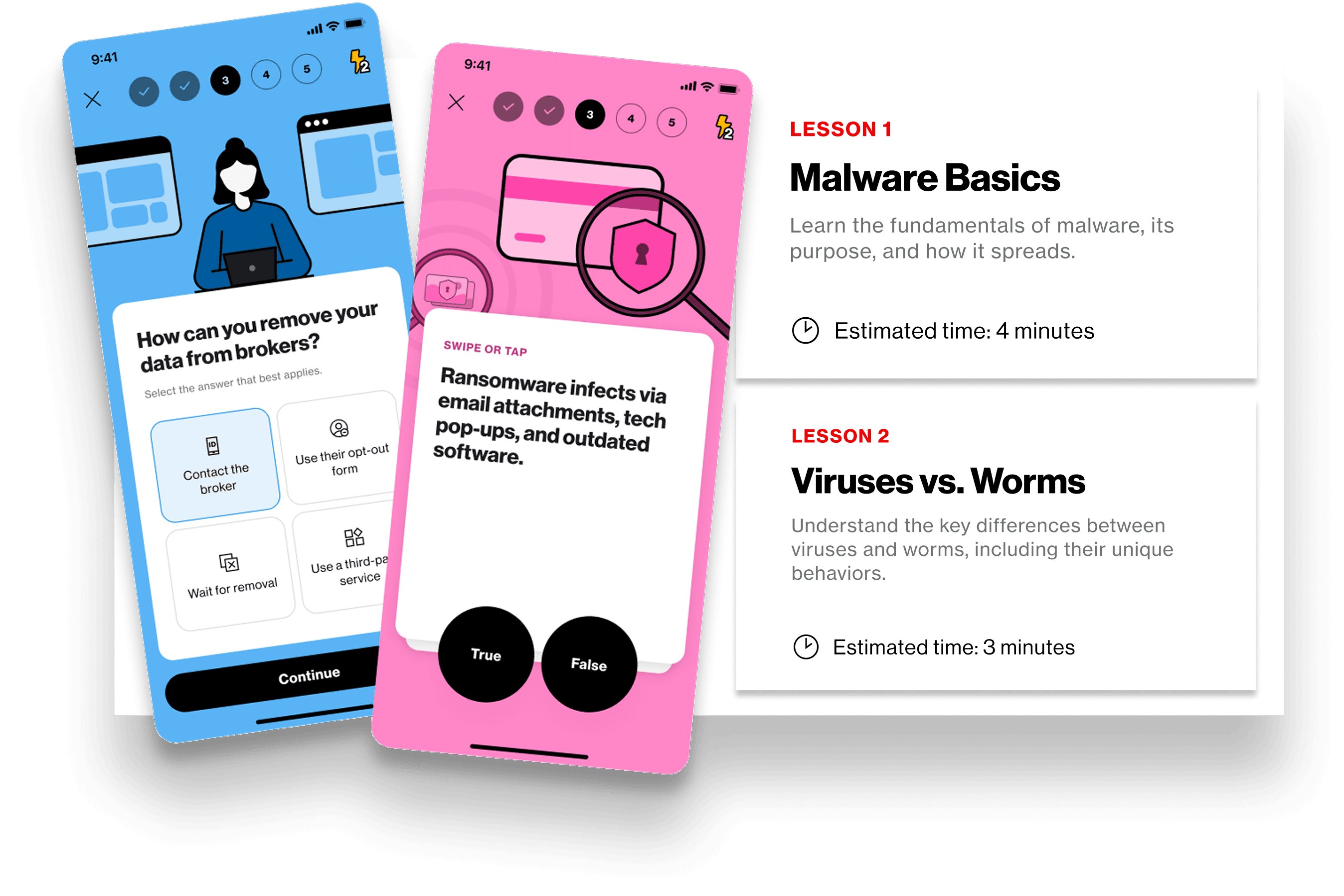 Verizon Protect Knowledge Center: colorful lesson phone screens (data-broker removal, ransomware) beside 'Malware Basics' and 'Viruses vs. Worms' lesson cards.