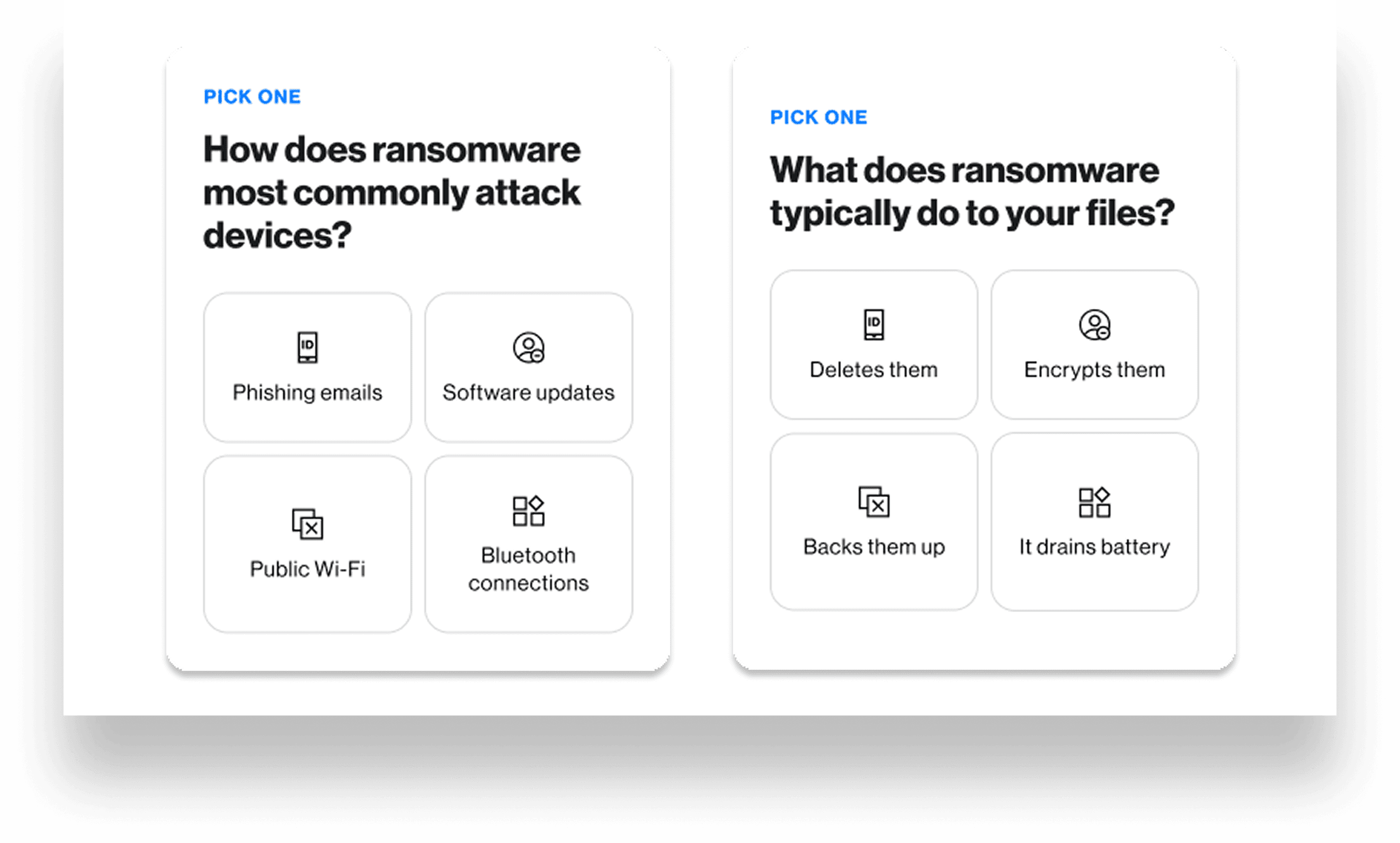 Verizon Protect Knowledge Center quiz cards: 'How does ransomware most commonly attack devices?' and 'What does ransomware typically do to your files?' with multiple-choice options.