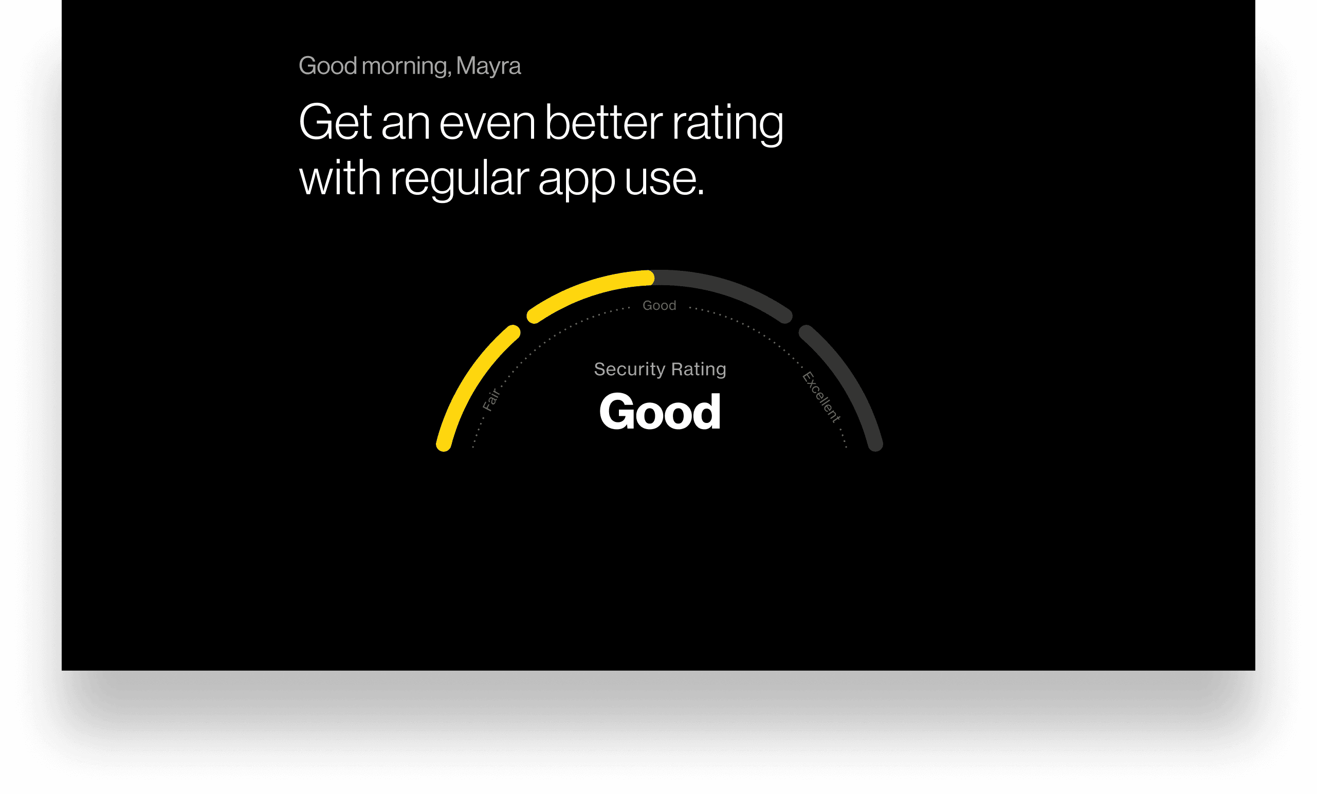 Verizon Protect app: 'Good morning, Mayra — Get an even better rating with regular app use', with the Security Rating gauge at 'Good'.