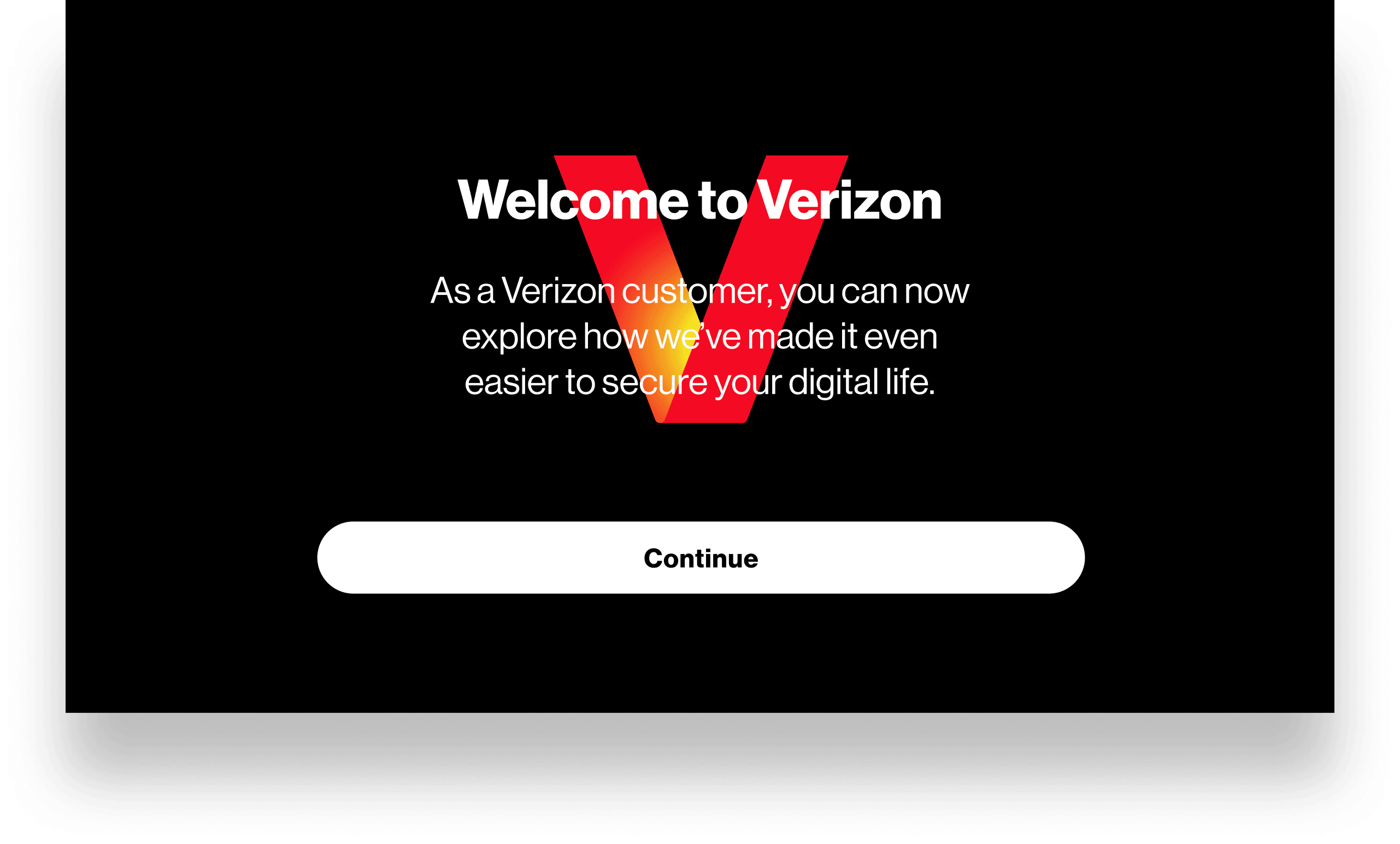 Verizon Protect app: 'Welcome to Verizon' onboarding screen over a red V, with a Continue button.