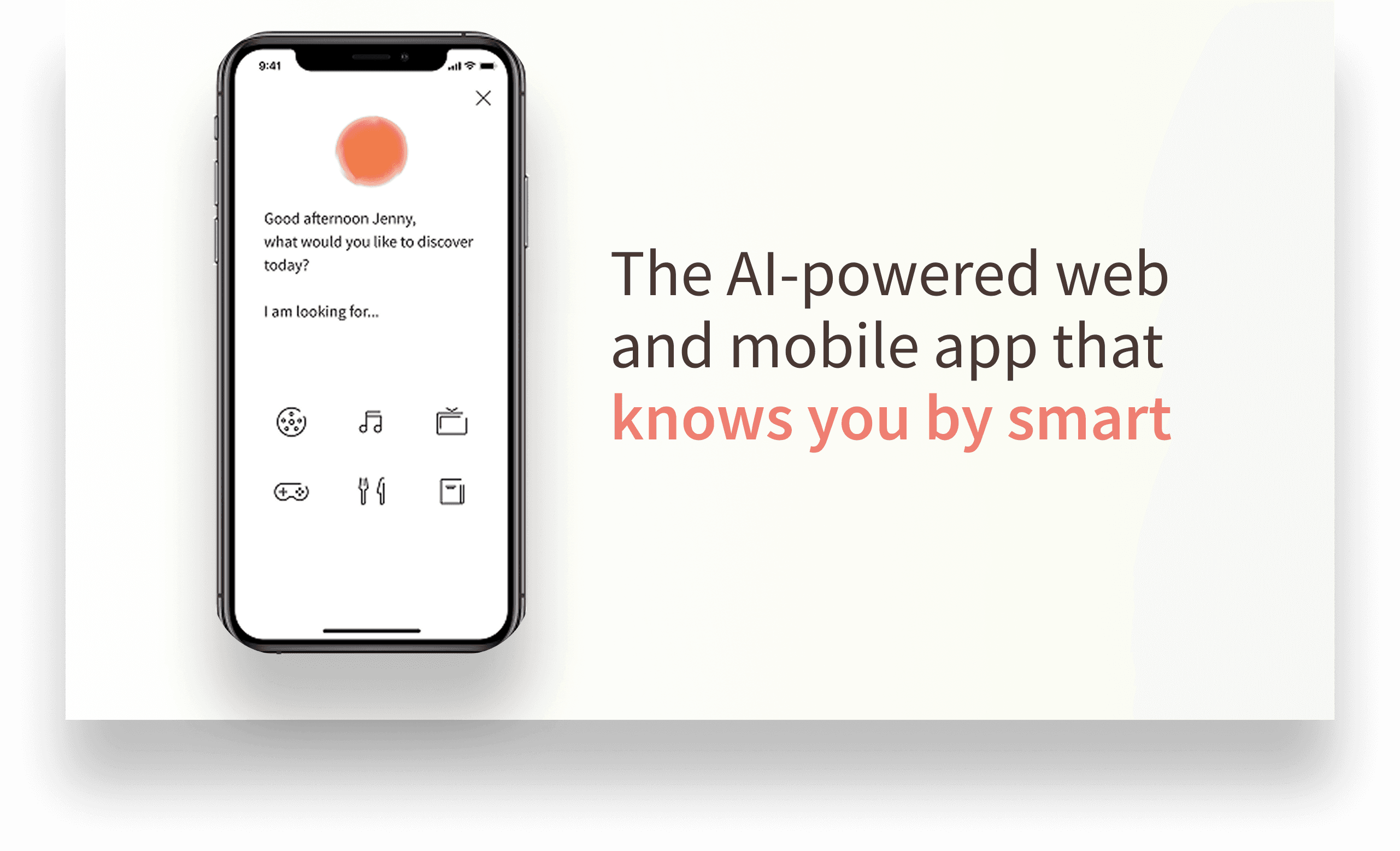 hai app card: a phone showing the “Good afternoon Jenny” discovery screen beside the line “The AI-powered web and mobile app that knows you by smart.”