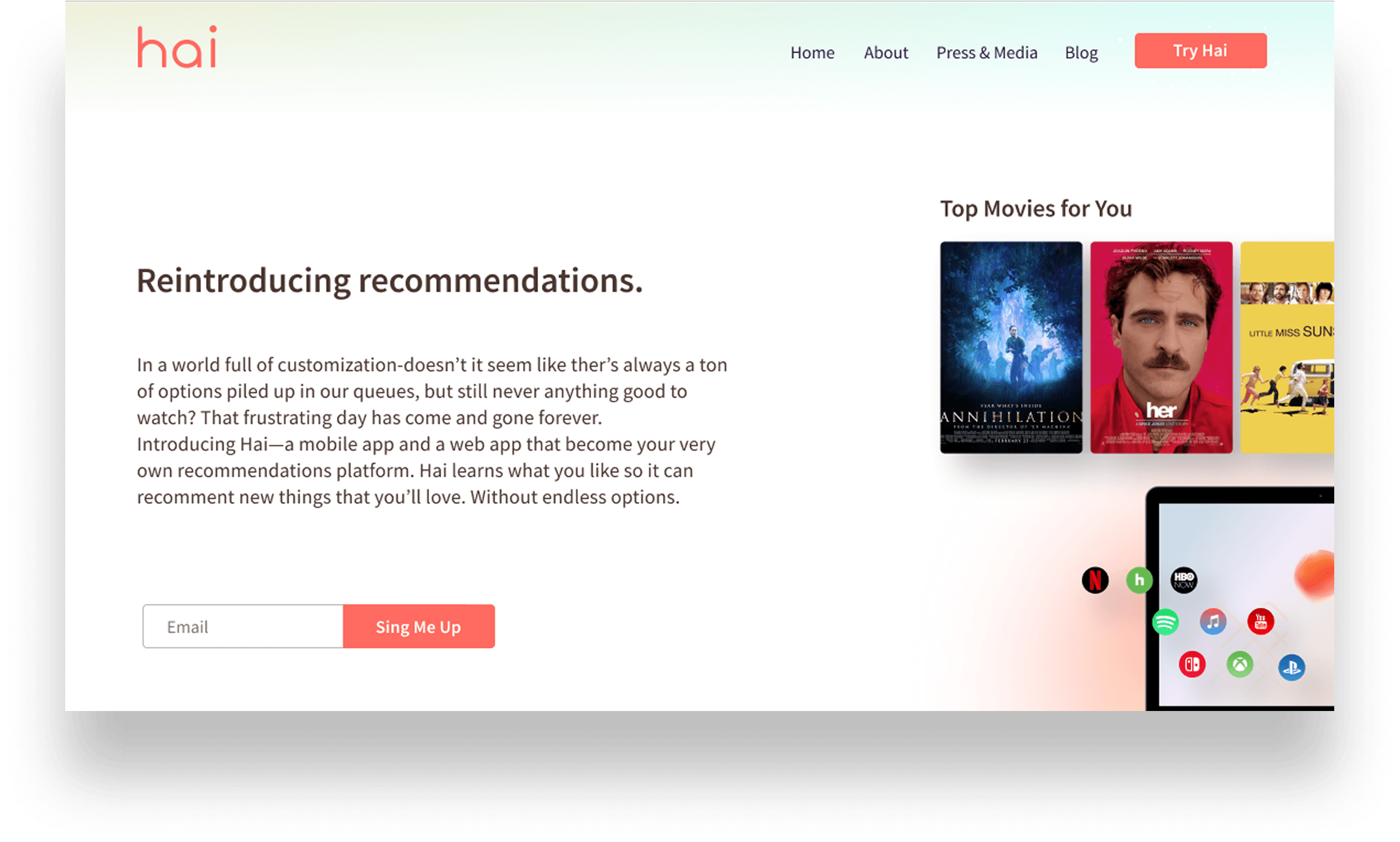 hai website screenshot: “Reintroducing recommendations.” headline above a Top Movies rail of poster thumbnails.