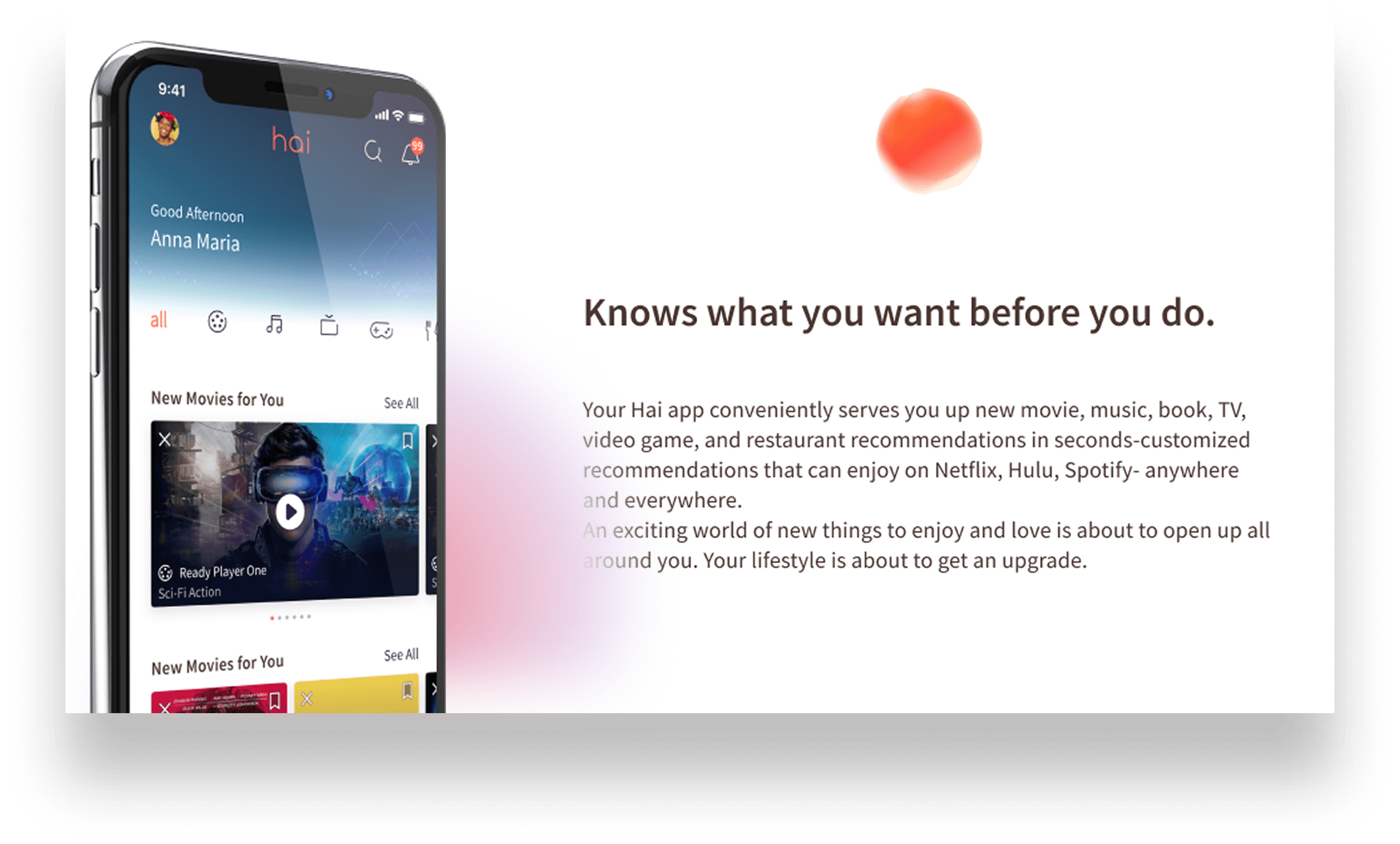 hai dark phone mockup beside the card “Knows what you want before you do.” on a warm-white field.