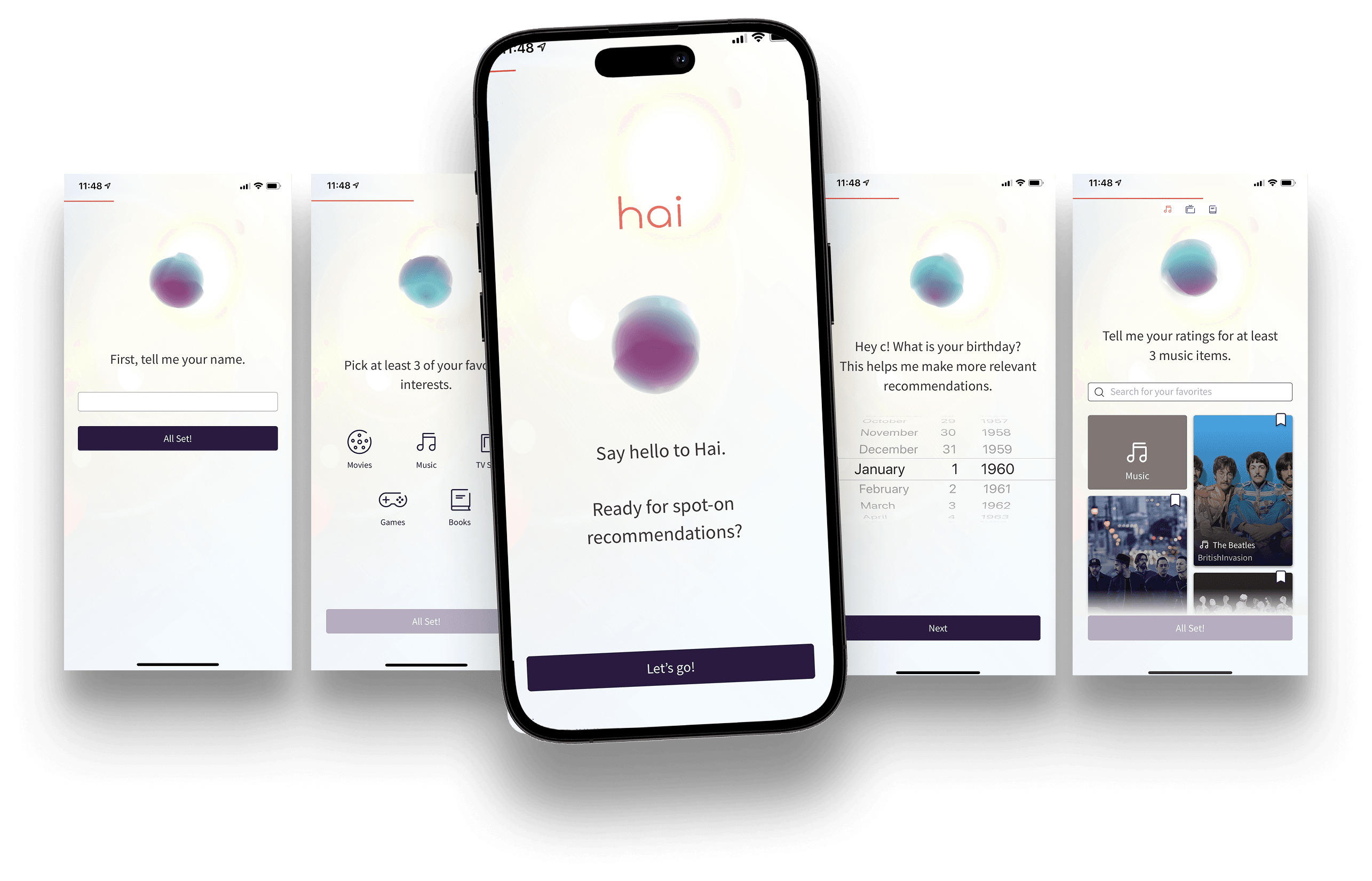A fan of five hai app screens beside a black phone showing the greeting “Say hello to Hai.”