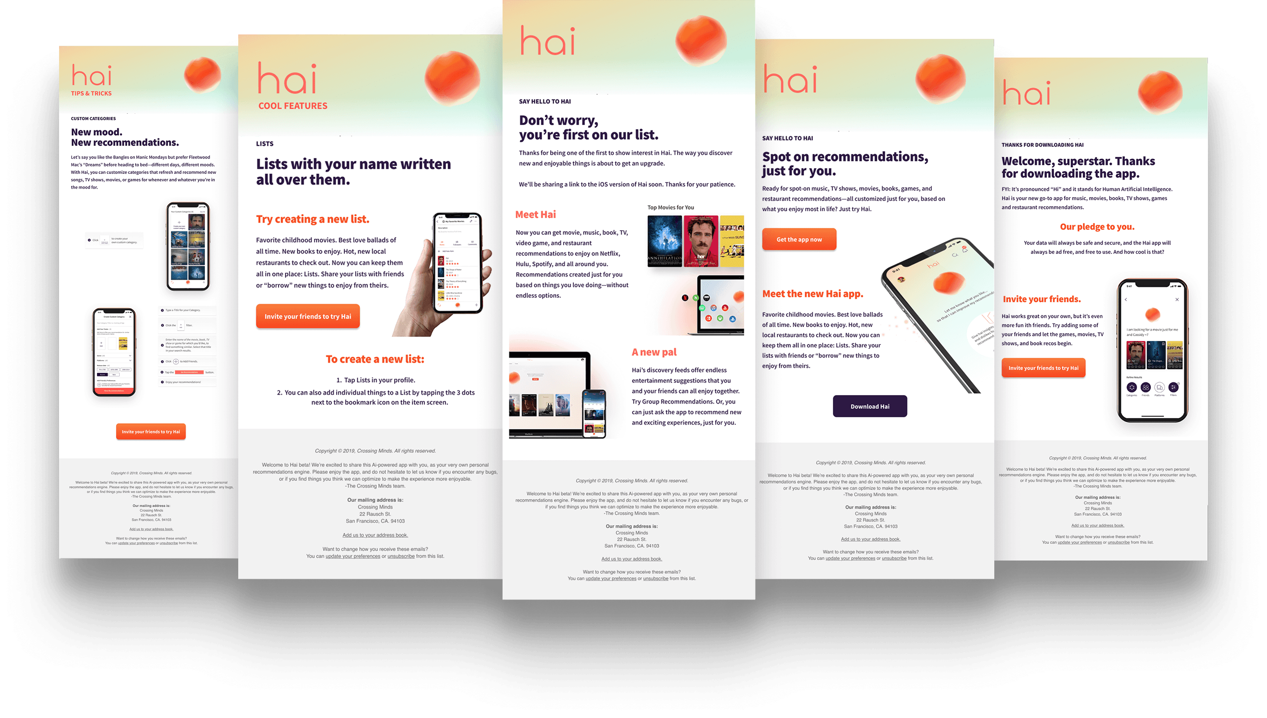 Two staggered rows of hai lifecycle email templates in the brand’s warm-white and orange palette.