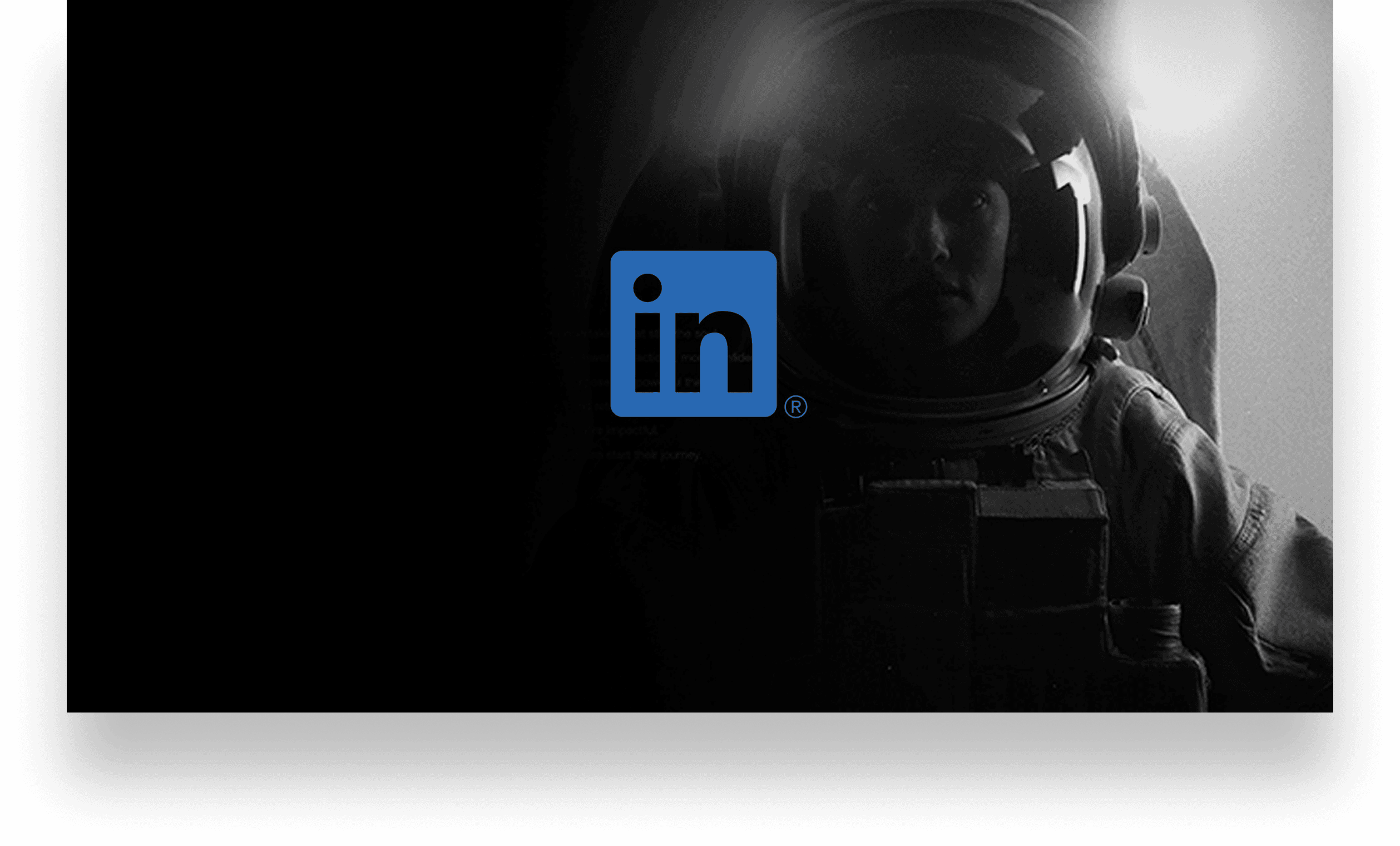 Black film frame: an astronaut faintly lit in the shadows beside a glowing blue LinkedIn logo.