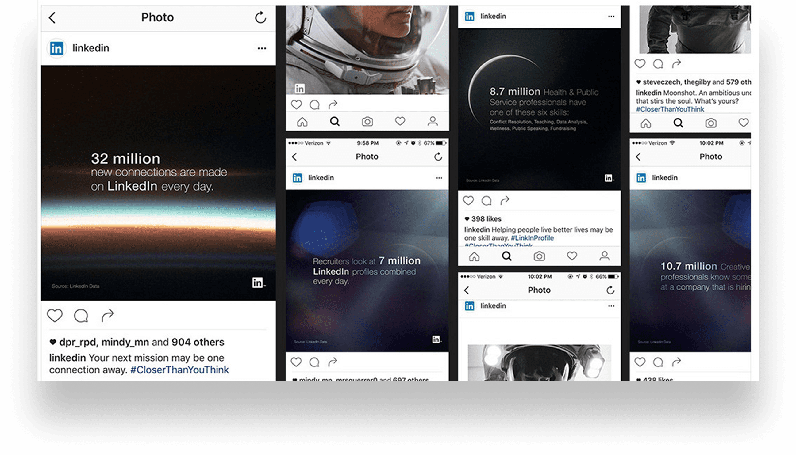 Instagram grid collage of the LinkedIn campaign on a dark frame: astronaut stills, moonshot quote cards and campaign data points.