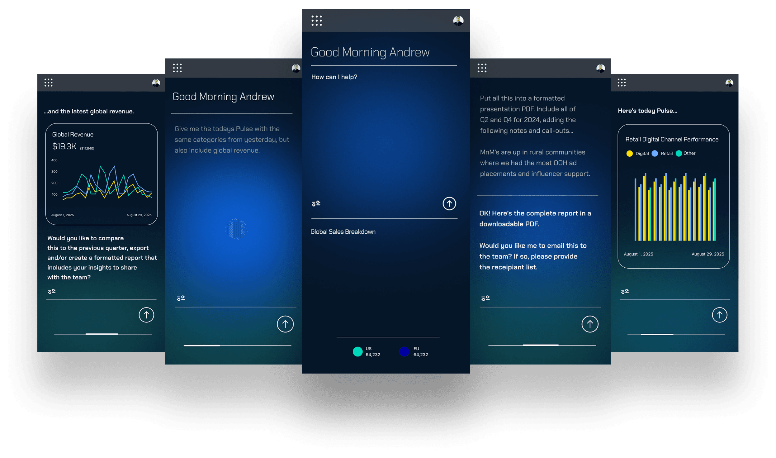 Five dark phone screens fanned across a black backdrop, the center screen showing the “Good Morning Andrew” Home of Intelligence mobile dashboard.