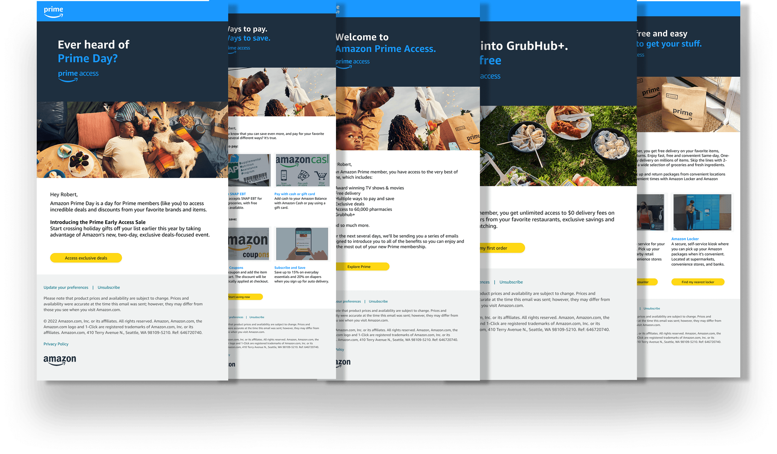Fanned series of five Prime Access lifecycle emails from the 12-part onboarding series, showing eligibility verification and welcome flows.