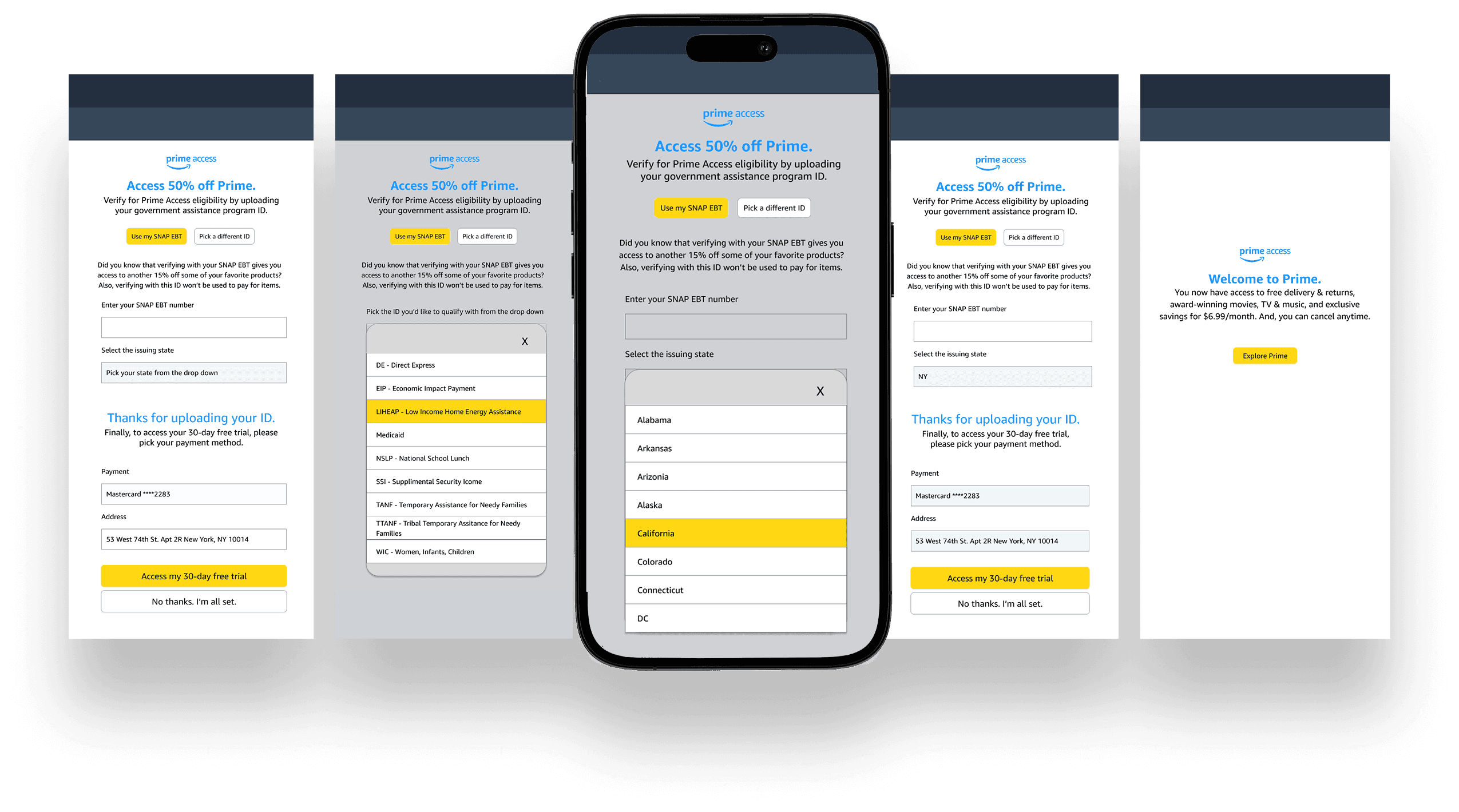 Prime Access onboarding flow: a phone centered over four enrollment panels — “Access 50% off Prime” eligibility upload, SNAP EBT and issuing-state steps, payment confirmation, and the “Welcome to Prime.” screen.