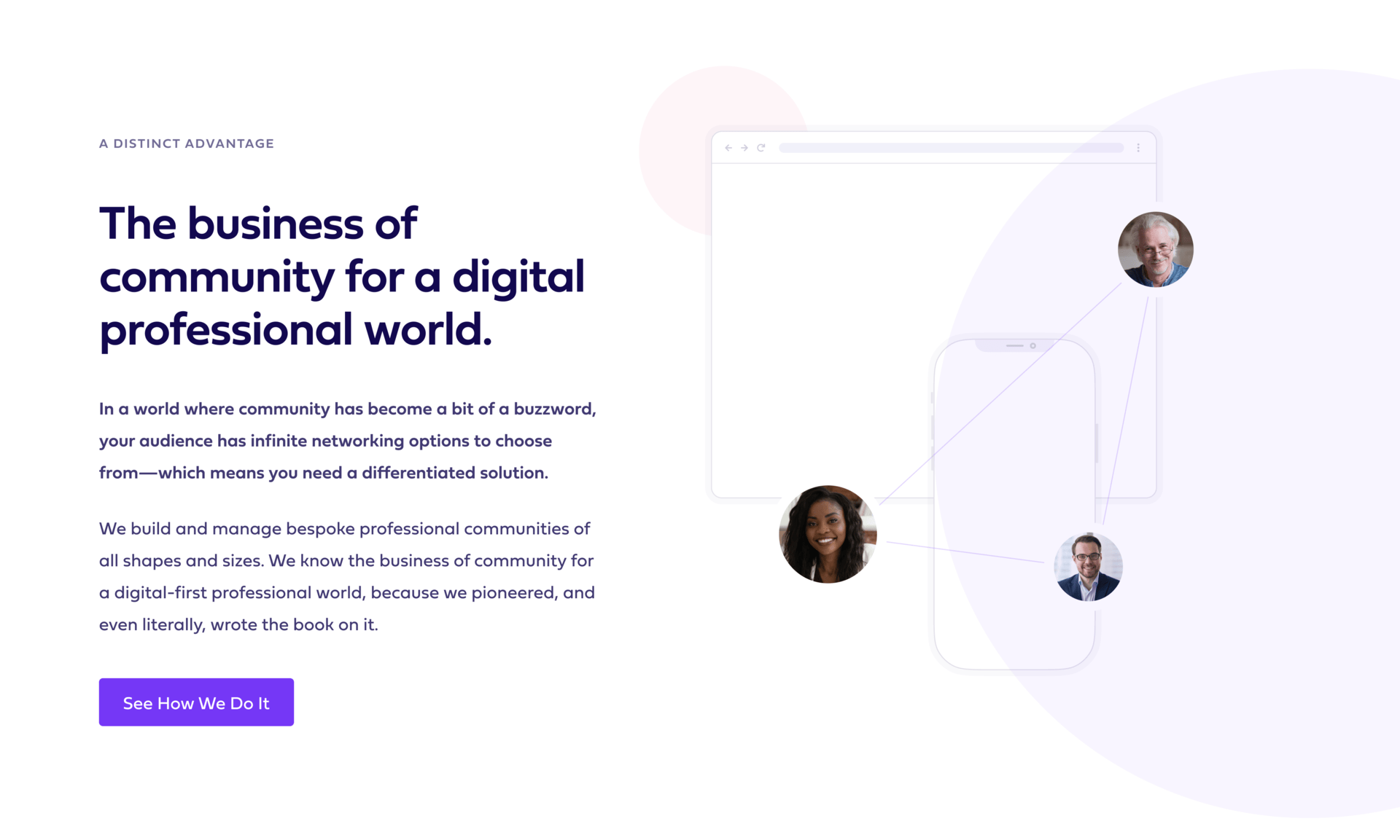 Community.co About page: “Builders of bespoke professional communities”, with the member-logo wall and the brand’s advantage story.