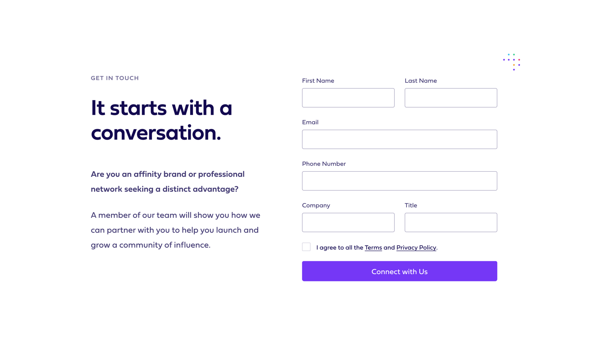 Community.co contact page: “It starts with a conversation.” above the enquiry form.